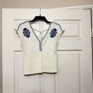 Old Navy White Blouse with Blue Embroidery